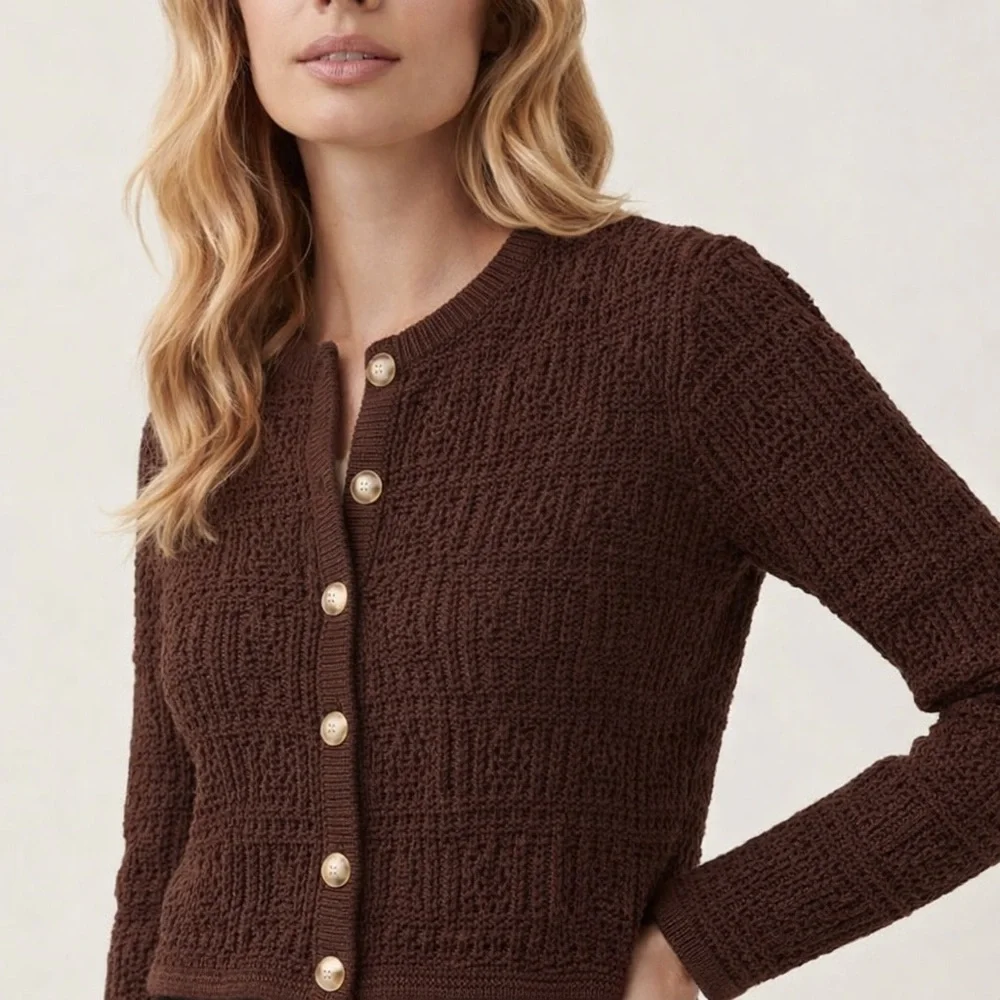 Magaschoni Pointelle Crochet Cardigan Chocolate Brown S NWT - Picture 1 of 7